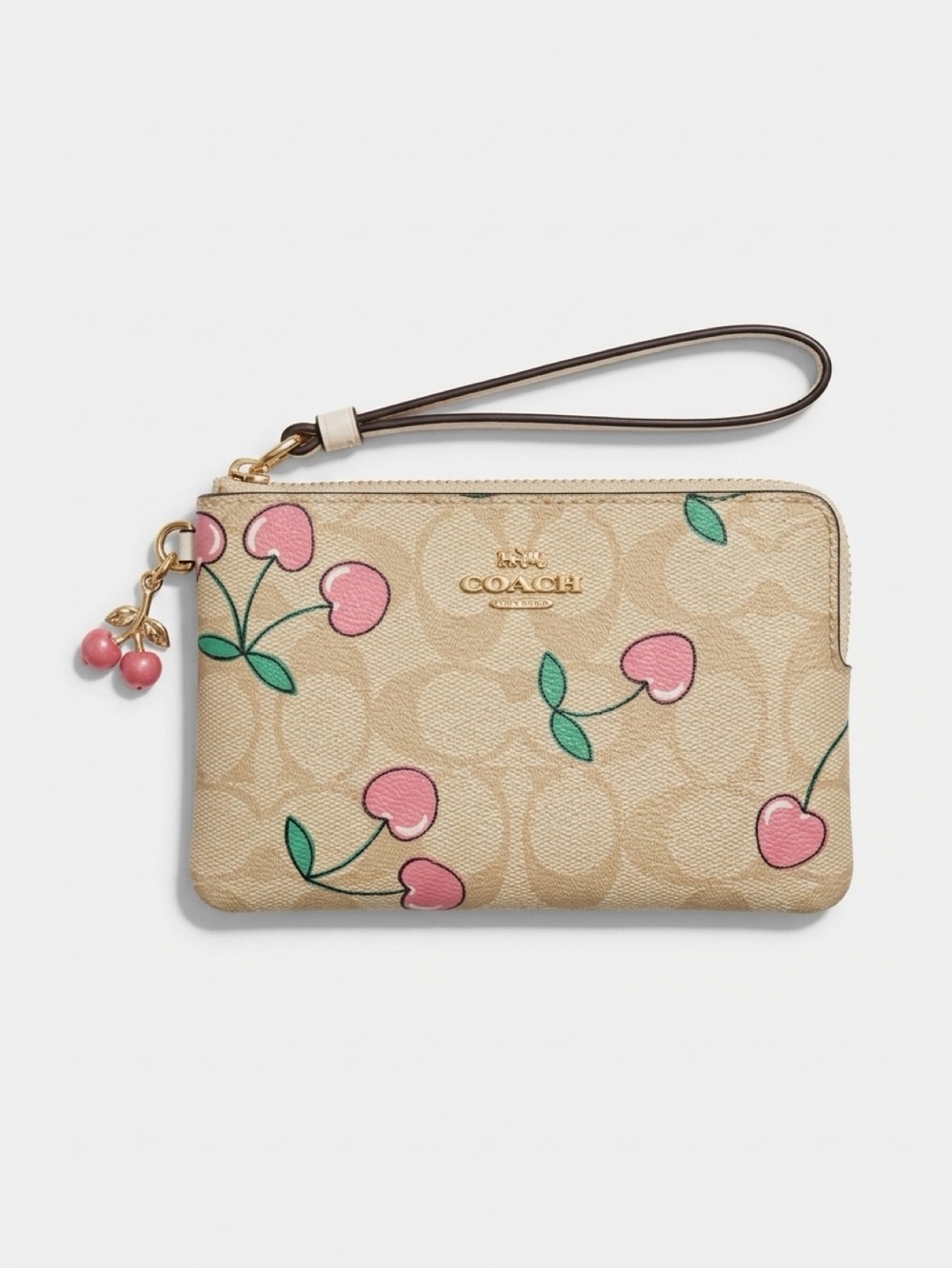 Coach Beige Signature Cherry Wristlet with Pink Accents